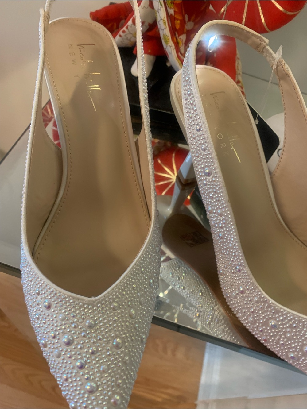 Nicole Miller Ivory Pearl and Crystal Slingback Heels